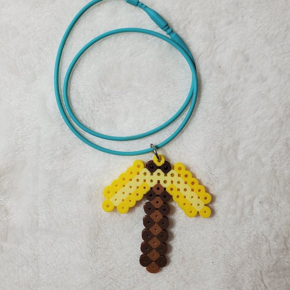 Minecraft Yellow Brown Pickaxe Perler Bead Necklace Jewelry Backpack Charm